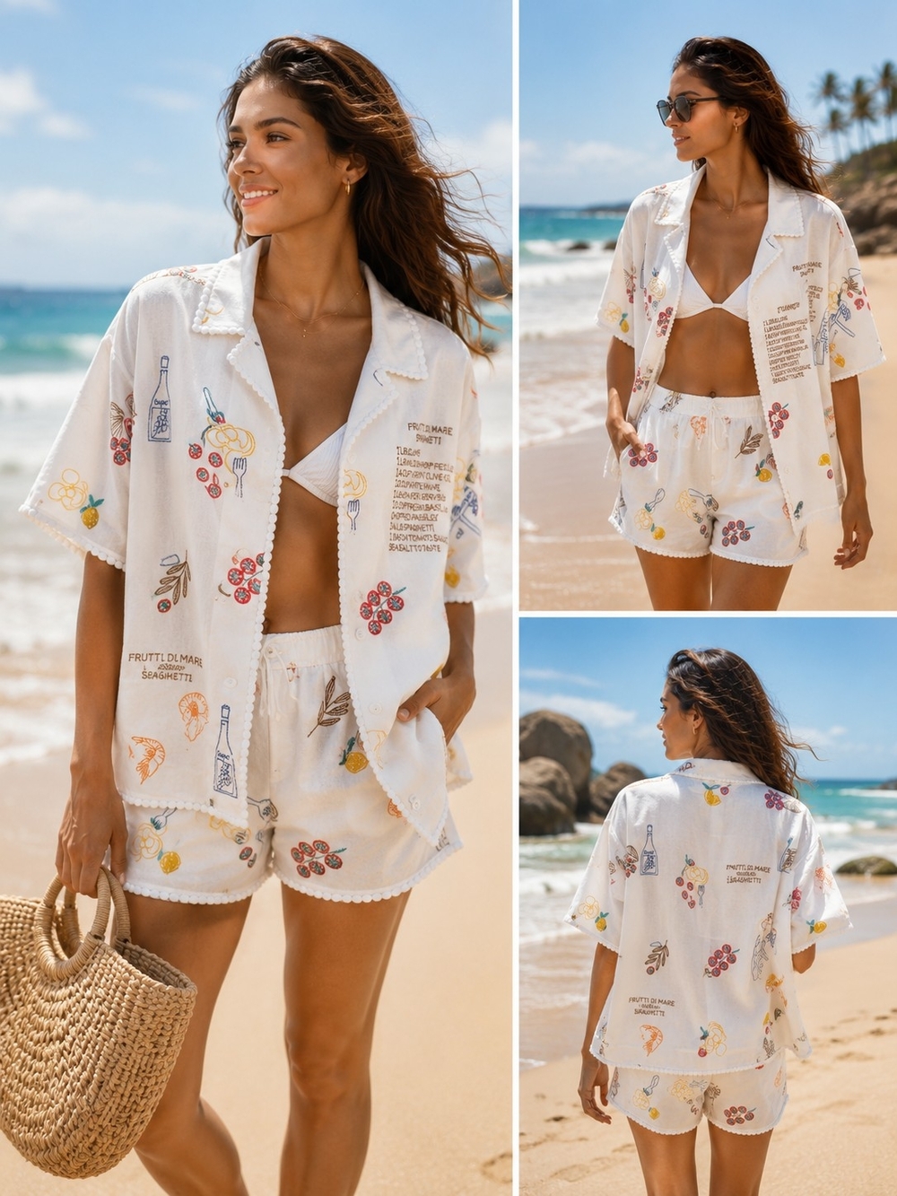 Caroline Constas White Embroidered Fruit & Bottle Beach Shirt and Shorts Set NWT